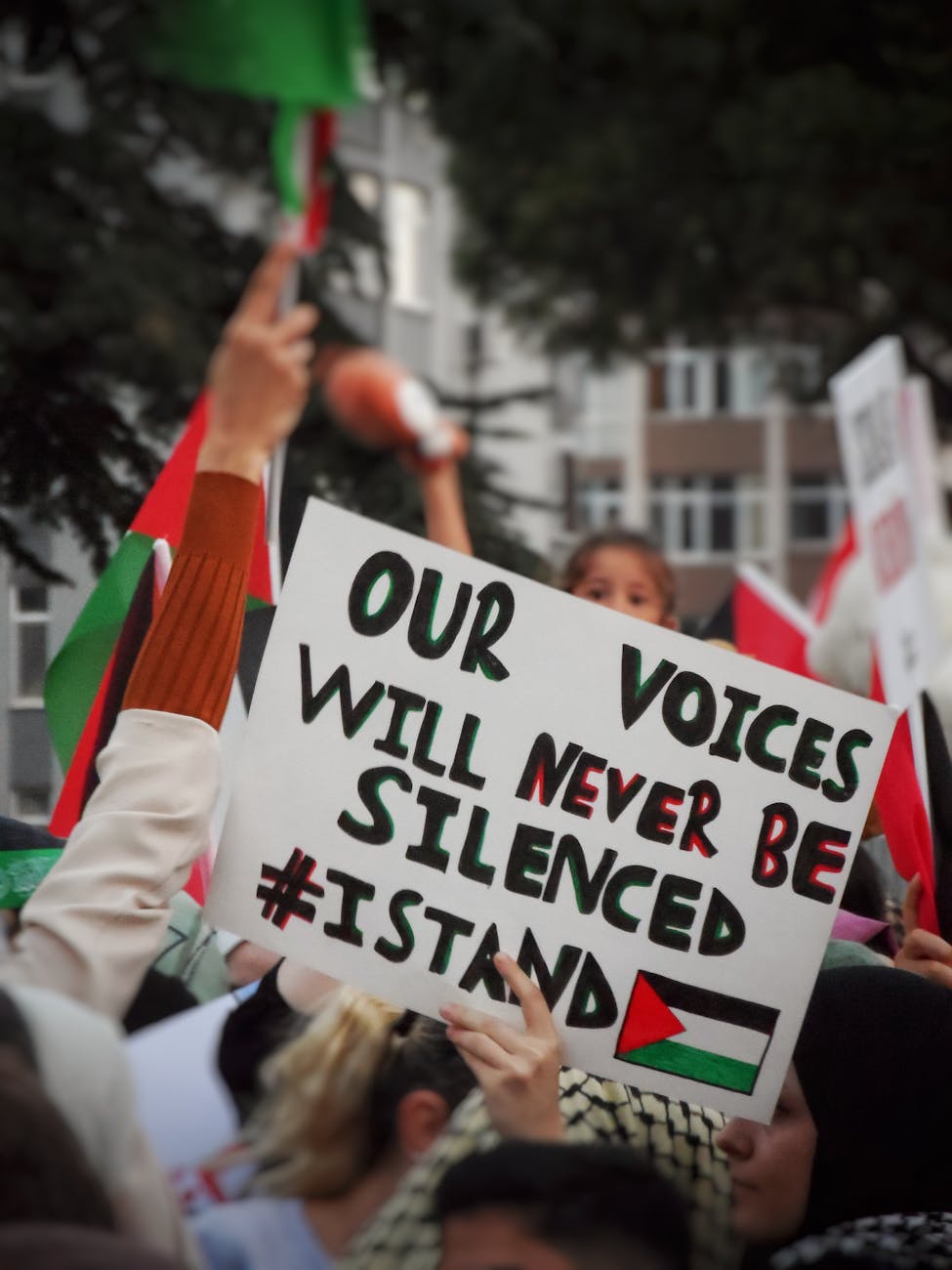 anti war banner at protest about palestine