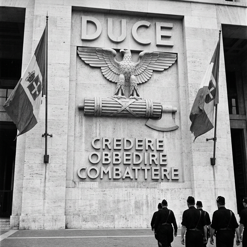 Fascist Italy monument with eagle, fasces, and slogan Credere Obbedire Combattere